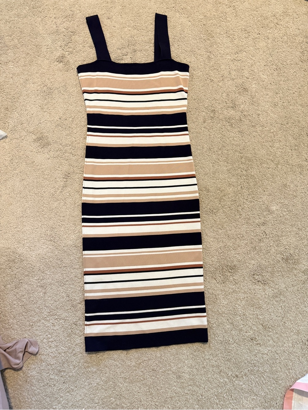 Bardot Navy, Tan and White Striped Midi Dress
